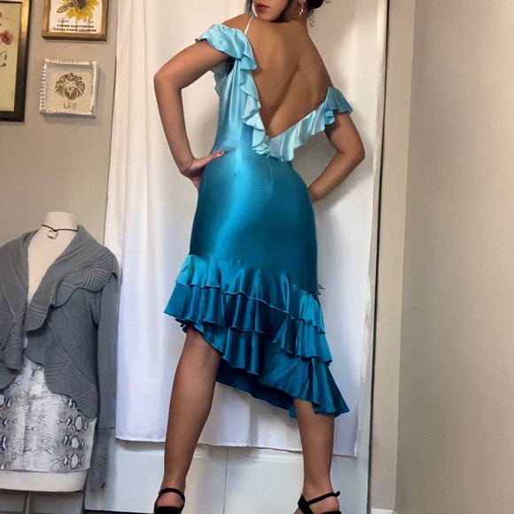 Liz Elana Ruffled Blue Silk 90's Cocktail Dress - Picture 2 of 4